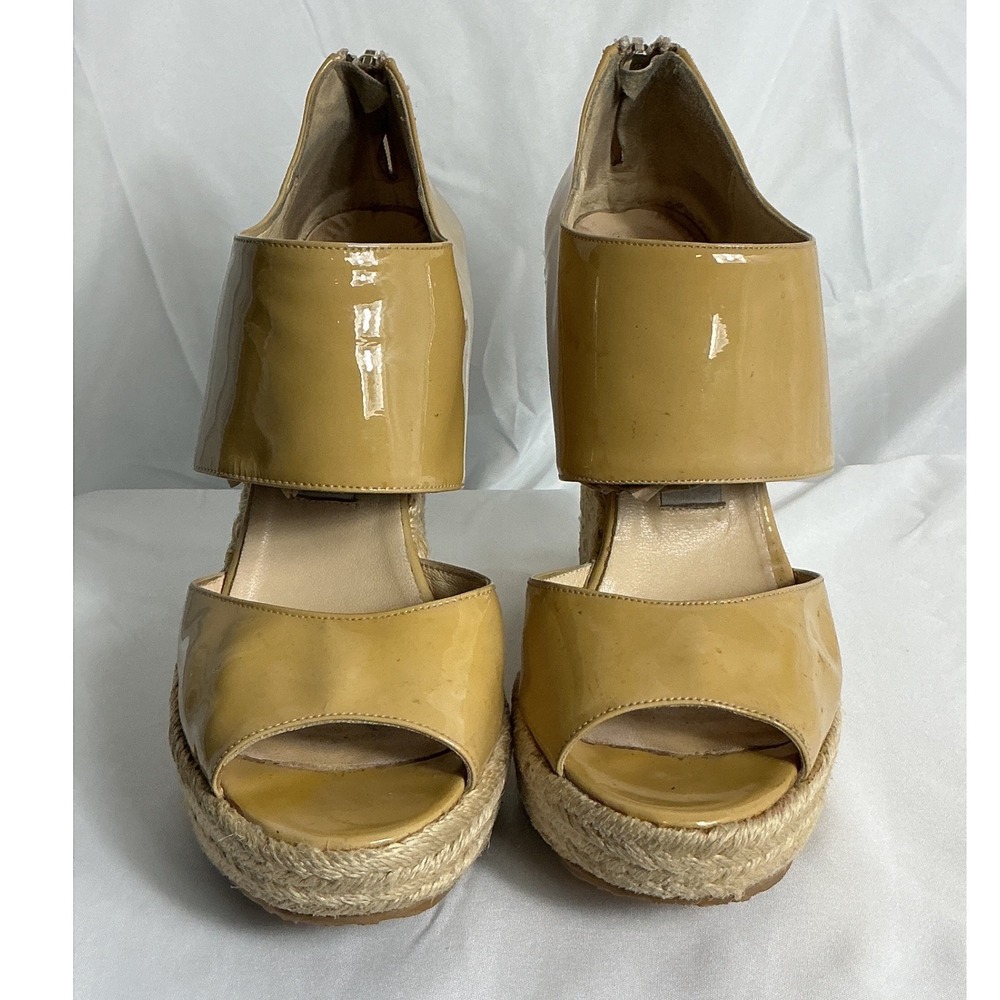Jimmy Choo Tan Patent Leather Espadrille Wedge Sandals Heels Size 38 Italy
